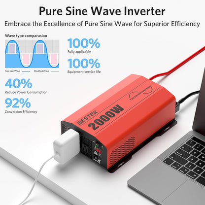BESTEK 2000 Watt Pure Sine Wave Power Inverter 12V DC to 110V/120V AC Converter for Home, RV, Truck, Off-Grid Solar Power 3 AC Outlets Car Inverter with One 2 USB Port Type-C with Remote Control