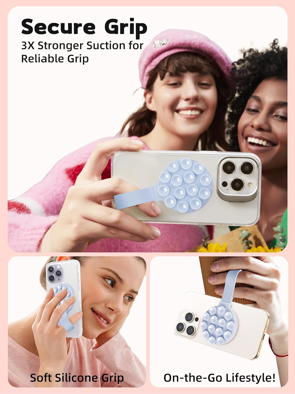 Magnetic Suction Phone Case Mount, Silicone Suction Cup Grip Stand for MagSafe Case, Hands-Free Phone Holder for iPhone 16/15/14 Pro Max, TikTok Videos, Selfies, Women Gift (Light Pink)911001A (Blue)