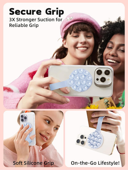 Magnetic Suction Phone Case Mount, Silicone Suction Cup Grip Stand for MagSafe Case, Hands-Free Phone Holder for iPhone 16/15/14 Pro Max, TikTok Videos, Selfies, Women Gift (Light Pink)911001A (Blue)