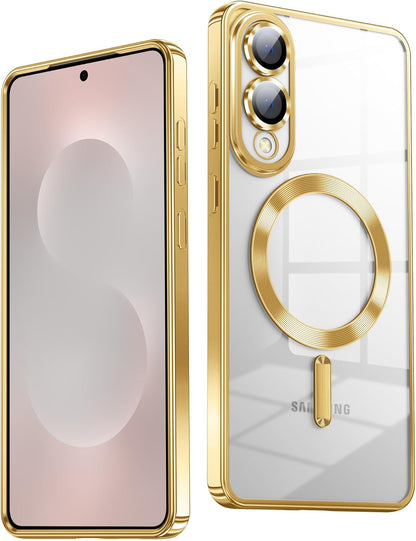 Slim Thin for Samsung Galaxy S25 Edge Case, Compatible with MagSafe, Built-in Camera Lens Protector, Shockproof Protective Phone Case, Soft Electroplated Clear Cover, Gold