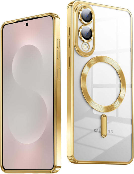 Slim Thin for Samsung Galaxy S25 Edge Case, Compatible with MagSafe, Built-in Camera Lens Protector, Shockproof Protective Phone Case, Soft Electroplated Clear Cover, Gold