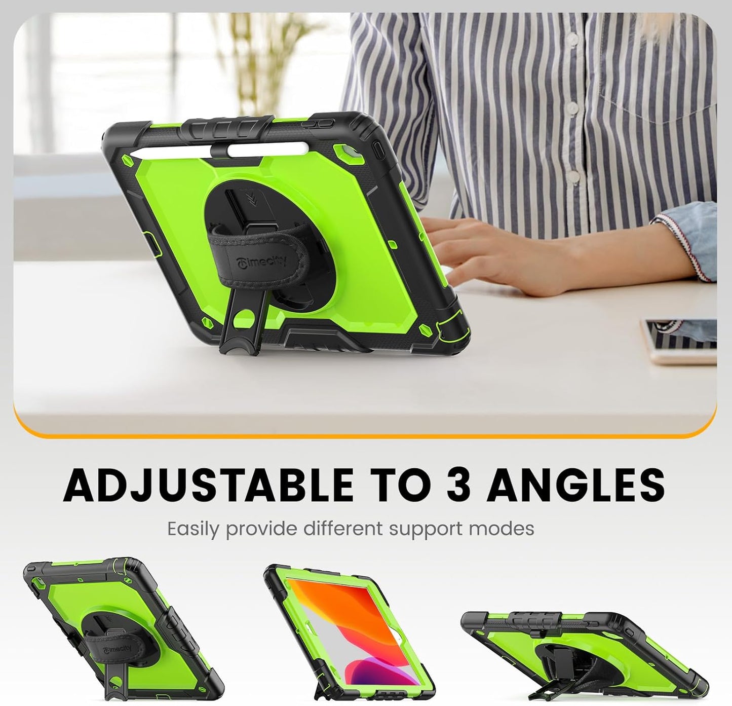 Timecity Case for iPad 9th/ 8th/ 7th Generation 10.2 inch - Heavy Duty Protective Cover with Screen Protector, Rotating Stand, Shoulder Strap & Pencil Holder | Kids-Friendly (Green)