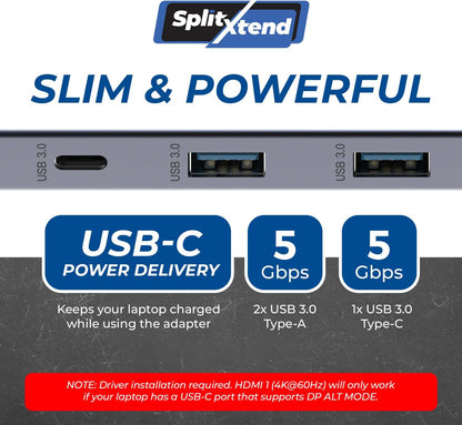 OREI SplitExtend Laptop Docking Station 3 Monitors - 2X USB 3.0, 1x Type-C, SD Card Reader - USB C Docking Station to HDMI 2.0 Extended Screen, 4K@30Hz Outputs - 100W PD