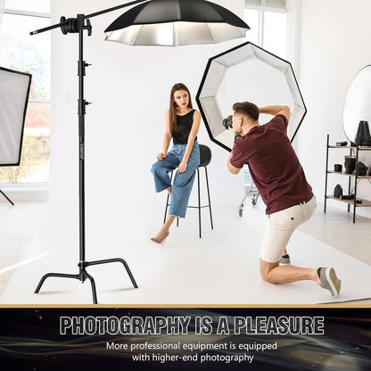 LOMTAP C Stand Light Stand Stainless Metal Photography Kit - Heavy Duty 10.8ft/330cm Vertical Pole, 4.2ft/128cm Boom Arm, Adjustable Base, Water Sandbag, 2 Grip Heads, 3 Clips for Softbox, Reflector