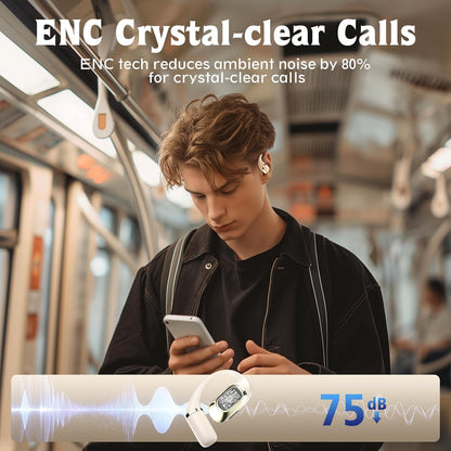 OHAYO Open Ear Headphones,Earbuds with Ergonomic Earhook,Bluetooth Headphones 5.4 with Smart Digital Display,40H Playtime,IPX6 Waterproof,Touch Control Earphones Fit Cycling,Running,Workout(Beige)