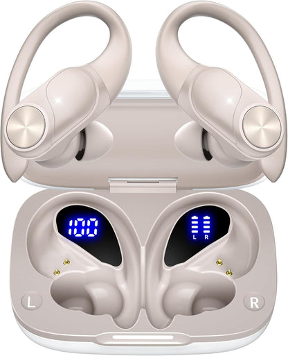 PocBuds Bluetooth Headphones Wireless Earbuds 80hrs Playtime Wireless Charging Case Digital Display Sport Ear buds with Earhook Deep Bass IPX7 Waterproof Over-Ear Earphones for Phone Laptop Pearl Gray