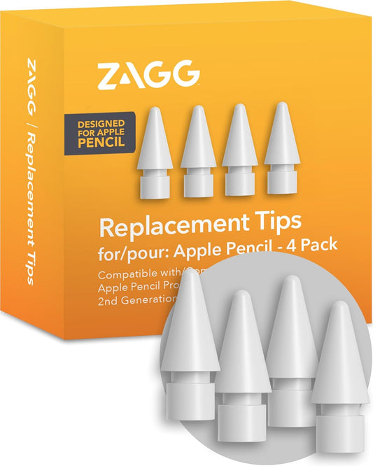 ZAGG Replacement Tips for Apple Pencil 1st Gen, 2nd Gen, & USB-C - Pack of 4, Smooth Writing, Perfect Friction, White