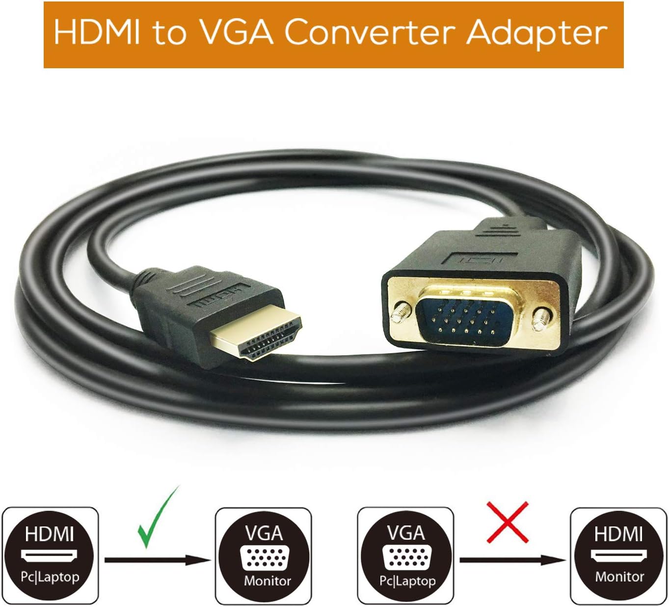 HDMI to VGA Cable, 1080P HDMI Male to VGA Male M/M Video Converter Cord vga Adapter Compatible with hdmi Desktop, Laptop, DVD to 15 Pin D-SUB HDTV Monitor Projector (2Pack)