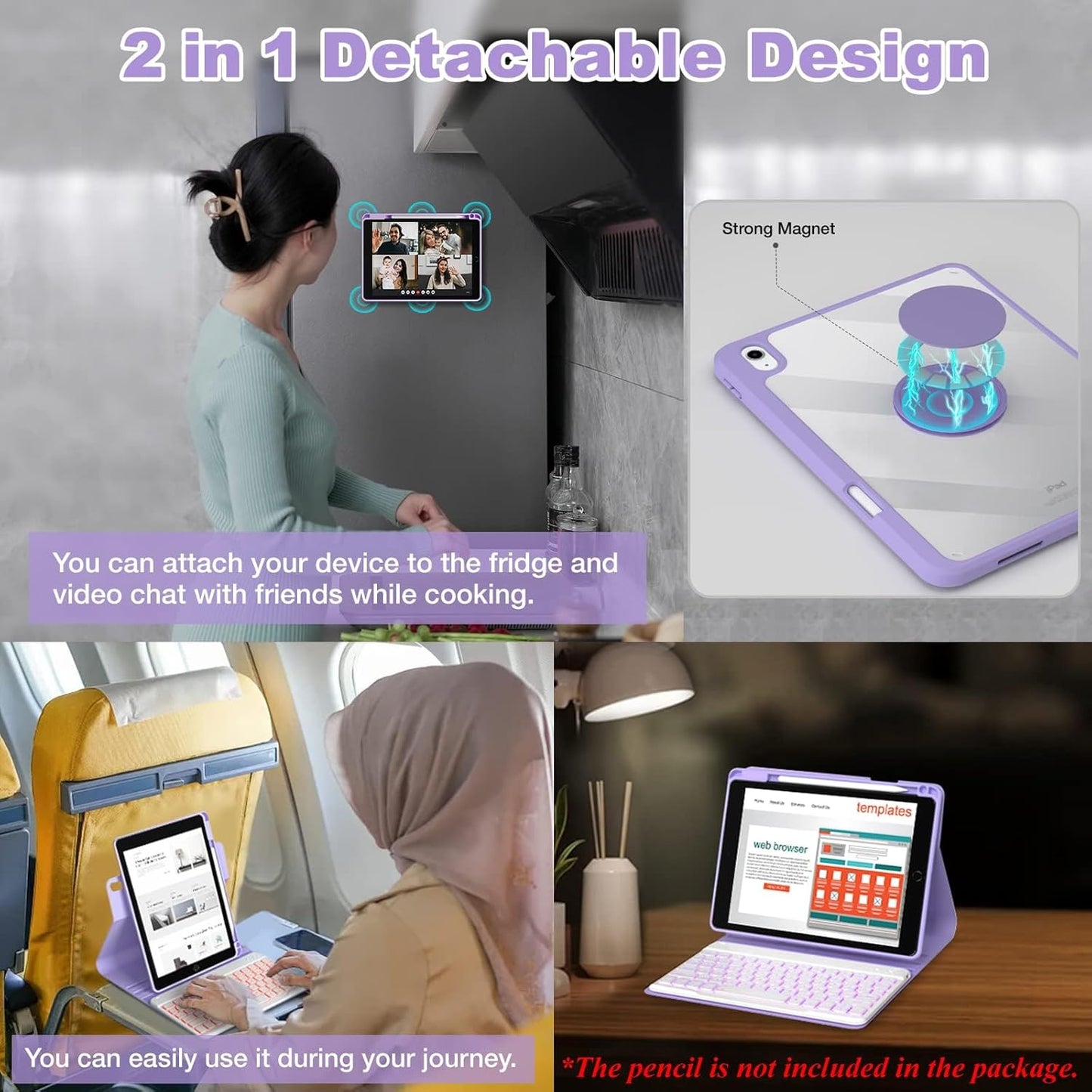 BLUTLOTUS for iPad 11th (A16) 10th Generation Case with Keyboard (2025/2022) - 360° Rotatable Magnetic Folio Cover, 7 Color Backlit Detachable Keyboard with Pencil Holder (Purple)