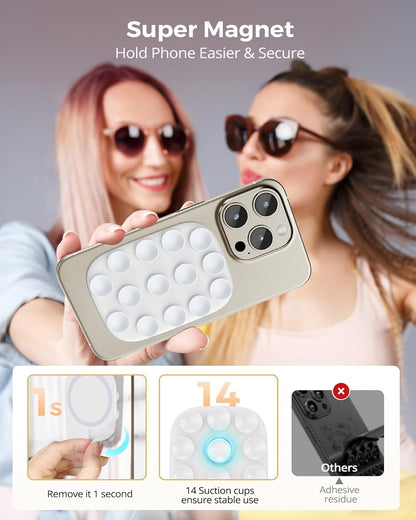 Magnetic Phone Suction Grip, Shower Phone Holder for MagSafe, Octo Phone Sticky Buddy Suction Grip for iPhone 16 15 14 13 12, Birthday Christmas for Women White