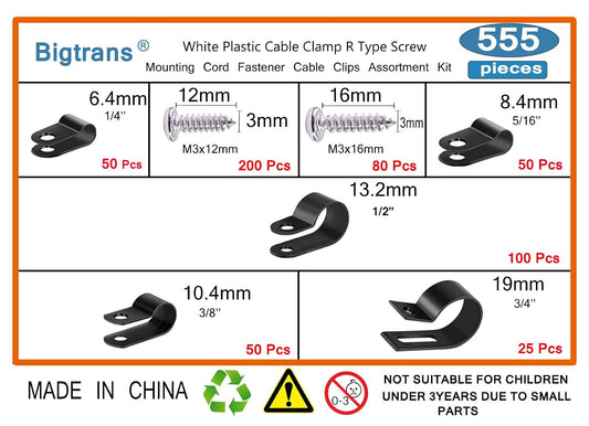Bigtrans 555 Pcs Nylon Plastic R-Type Wire Clips with Screws 1/4" 5/16" 3/8" 1/2" 3/4" Clamps Fasteners Assortment for Cable Conduit -5 Size -Black
