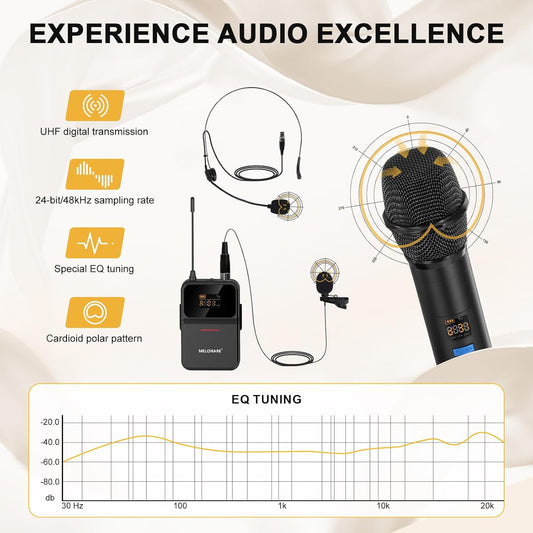 4-Channel Wireless Microphone System,UHF Cordless Mic Set w/ 4x10 Frequencies, 200ft, 2 Handheld Dynamic Mics, 2 Bodypacks & Headset/Lapel Microphones for Singing, Karaoke, DJ (MWM-41-2H2B)