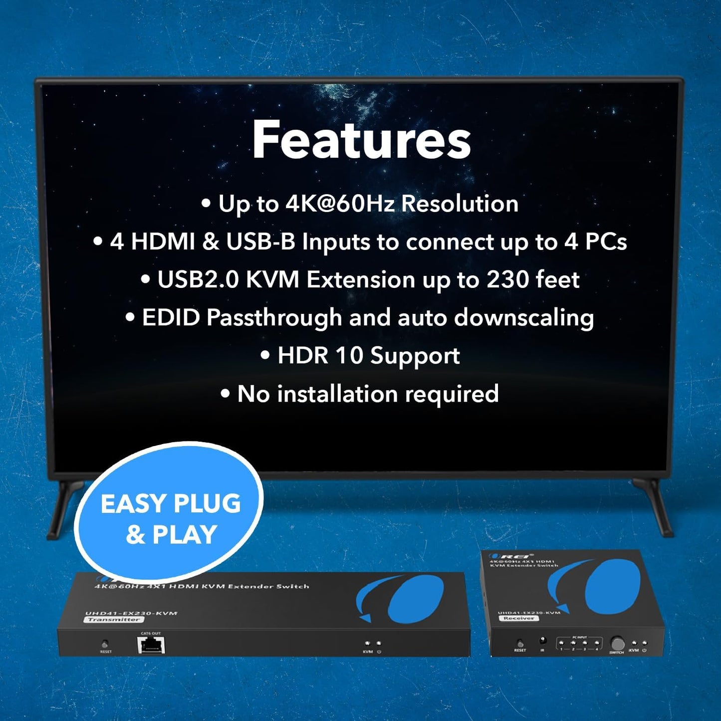 OREI 4x1 KVM 4K HDMI Over Ethernet Extender Switcher Balun Over CAT6/7 Cable 4K@60Hz Upto 230 Feet - 2 USB 1.1 Ports, Supports Keyboard and Mouse USB