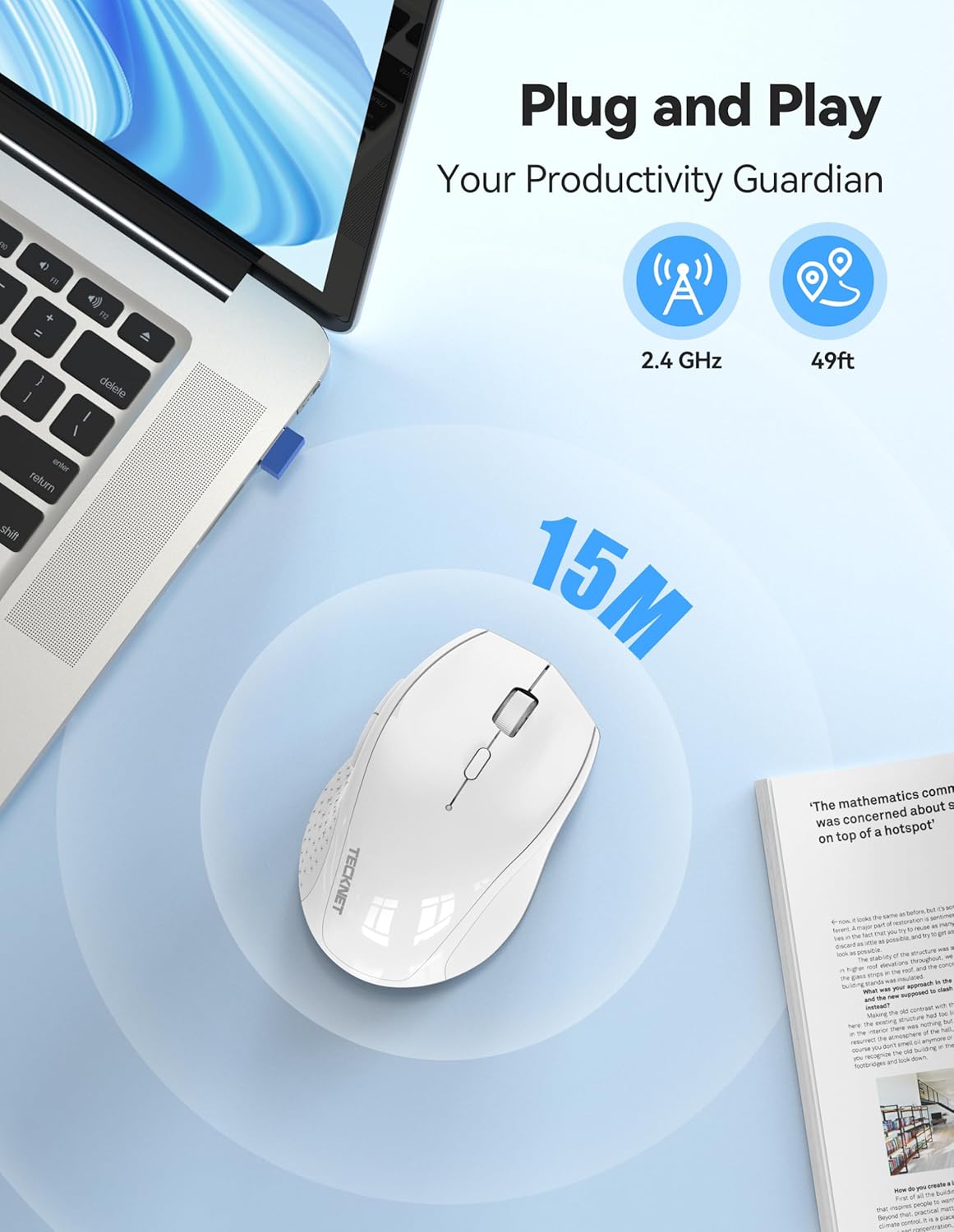 TECKNET Wireless Mouse Rechargeable,Mouse for Laptop Computer,2.4G USB Computer Mice Wireless,6 Button 6400 DPI Ergonomic Silent Mice,Portable Cordless Travel Mice-Wide Compatibility