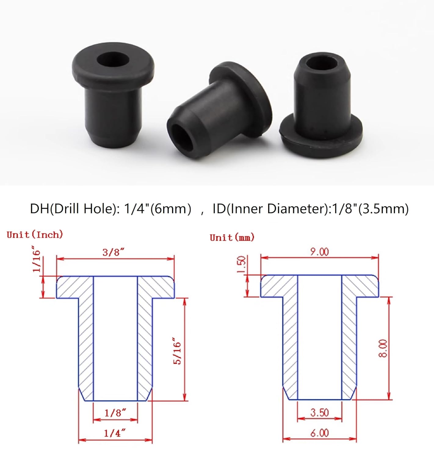 30 pcs 1/4" Drill Hole，1/8" ID Black Silicone Top hat Rubber Grommets for Wiring，Automotive，Firewall，Hole Plug，Desk，Screw，Water and Gas Pipe，Drain，House Siding，Cable Bushing，Glass，Wire Plug