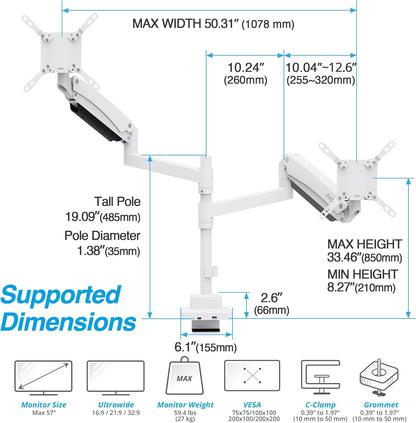 AVLT Dual 57 Inch Heavy Duty Stacking Monitor Arm Pole Top Mount With USB-C USB-A Ports-White, Height Adjustable, Easy Install Top C-Clamp/Grommet With Reinforcement Plates, VESA Compatible 200/100/75