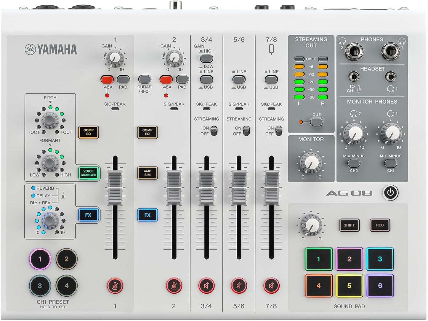 Yamaha AG08 White 8-Channel Live Streaming Loopback Mixer/USB Interface with Steinberg Software Suite