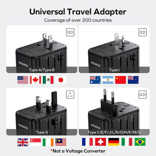 MOMAX European Travel Plug Adapter, Worldwide All in One Travel Adapter, International Power Adapter Wall Charger with 3 USB A and 1USB C Charging Ports for Travel Essentials (Type C/G/A/I)