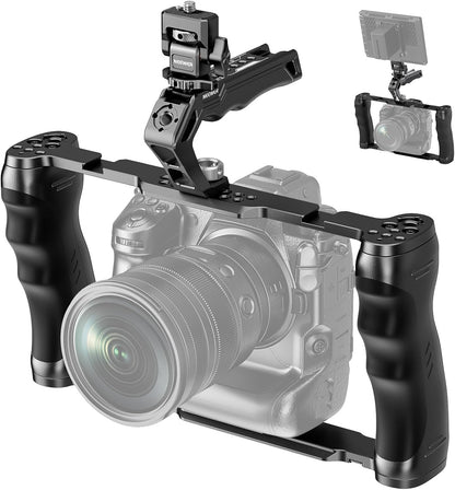 NEEWER Universal Camera Cage with Top Handle & Cold Shoe Monitor Mount, Arca Type Camera Gimbal Stabilizer Video Rig, Dual Handgrips & 3/8" for ARRI Compatible with SmallRig Accessories, CA016T+MA006