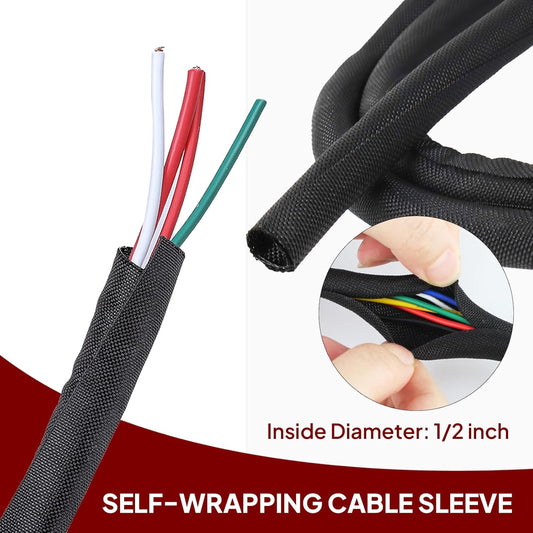 Black Braided Cable Management Sleeves Wire Loom Tubing Cord Protector Self-Wrapping (1/2"-30Feet)