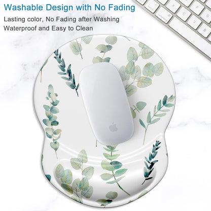 ITNRSIIET Ergonomic Mouse Pad with Gel Wrist Support Small Wrist Rest Smooth Surface Non-Slip PU Base Comfortable Office Supplies Pain Relief, 8.7 x 7.2 inches, Eucalyptus Branches