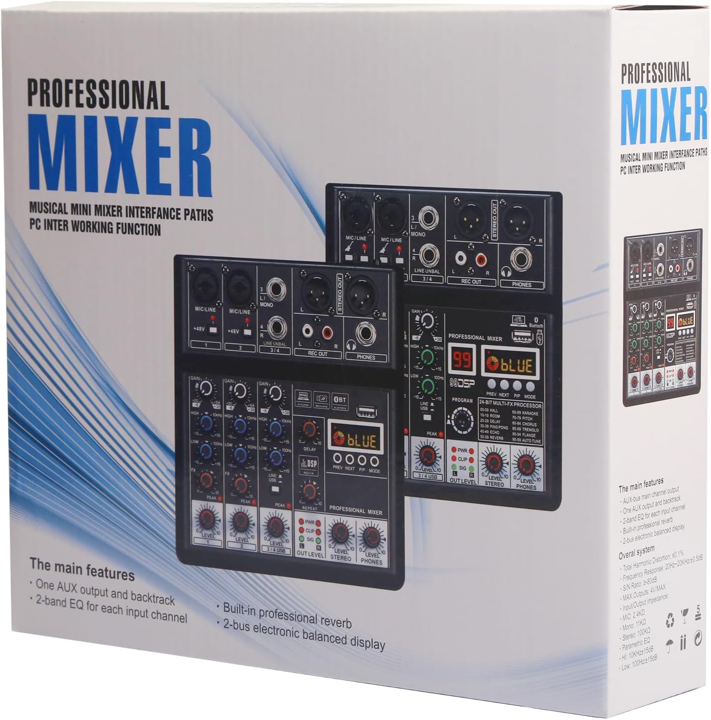 Dj Mixers, 4 Channel Audio Mixer, Sound Board with Bluetooth Player, Usb Audio Interface with 48V Phantom Power, Sounds Mixer Board with 99 DSP FX Reverb Delay Effect
