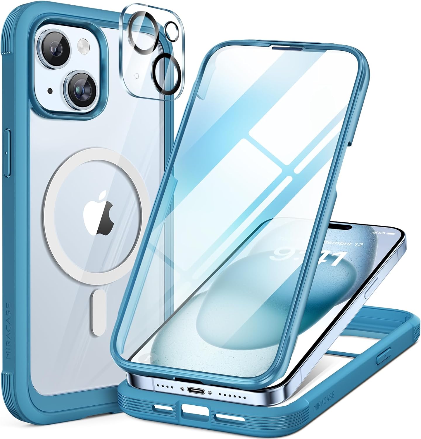 Miracase Glass Series for iPhone 15 Case [Compatible with MagSafe] Full-Body Magnetic Bumper Case with Built-in 9H Tempered Glass Anti-Fingerprint Screen Protector + Camera Lens Protector, Sea Blue
