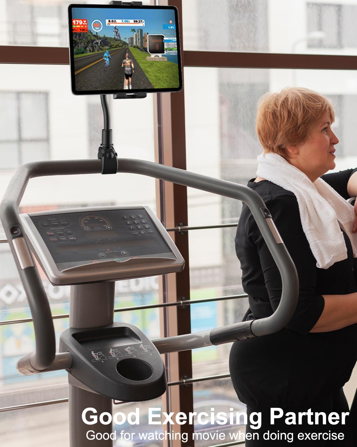 woleyi Gooseneck Tablet Holder for Spin Bike, Peloton Tablet Mount Exercise Bike Handlebar Stand for Stationary Bicycle, Treadmill, Stroller, Elliptical for iPad Pro Air Mini, Galaxy, 4.7-13" Devices