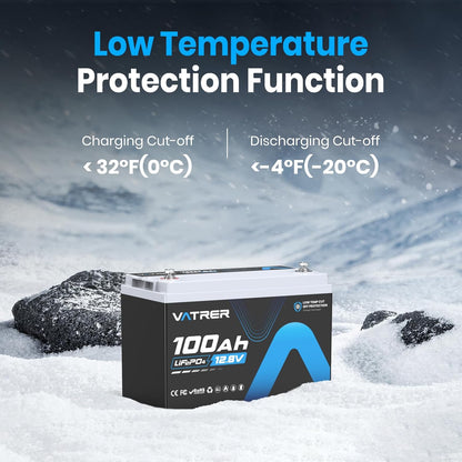 12V 100AH Low Temp Cutoff LiFePO4 Deep Cycle Battery with 1280W, Built-in 100A BMS, 5000+ Cycles Rechargeable Lithium Battery, Perfect for RV/Camper, Marine, Solar, and Off-Grid Applications