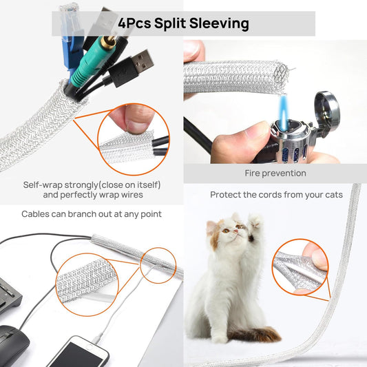 193 PCS Cable Management Kit - 4 Cable Sleeve, 57 Self Adhesive Cable Clips, 12 Hanging Strips, 12 Cable Organizer Straps and 100 Fastening Cable Ties for TV Computer Under Desk (White)