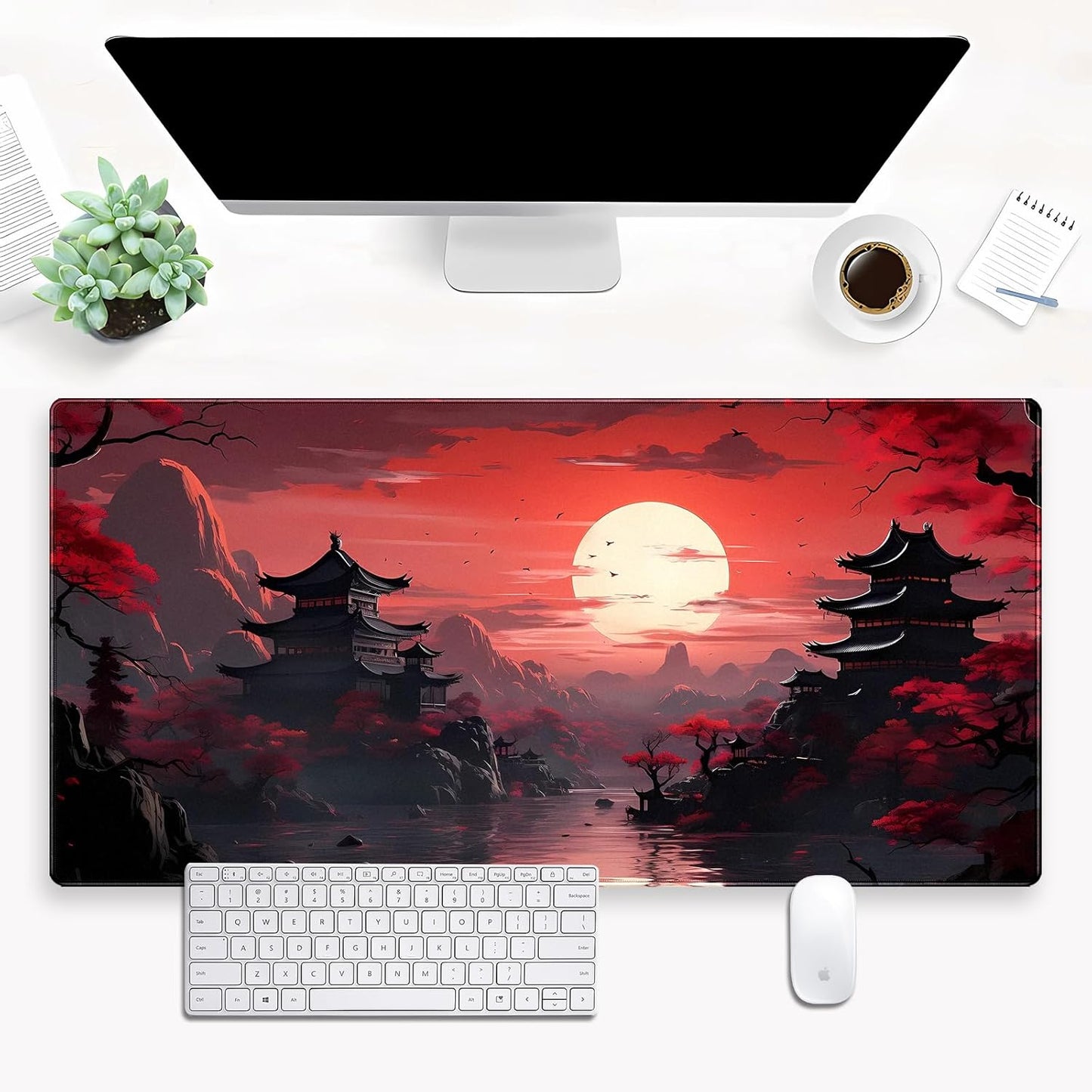 Red and Black Mouse Pad Japanese Desk Mat Gaming Mousepad Extended Large Mouse Pad for Desk 31.5''X15.7'' Red Full Moon Sakura Desk Pad Mat Laptop Computer Mouse Keyboard Mat for Office Desk Decor