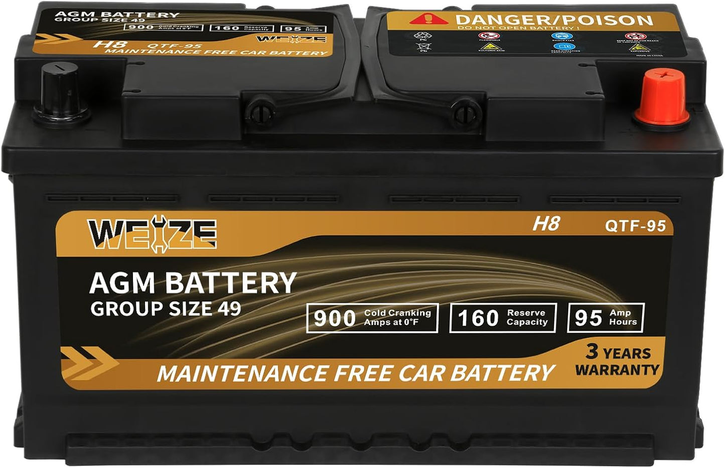 Weize Platinum AGM Battery BCI Group 49-12v 95ah H8 Size 49 Automotive Battery, 160RC, 900CCA, 36 Months Warranty, Dimensions 13.9" L x 6.89" W x 7.48" H