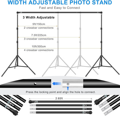 10 x 6.9 Ft Photo Backdrop Support Stand, MSKIRA Adjustable Background Stand, Backdrop Support System Kit for Parties Screen Back Drops Events Decoration, with 6 Clamps, 4 Clips, 2 Sandbags, Carry Bag