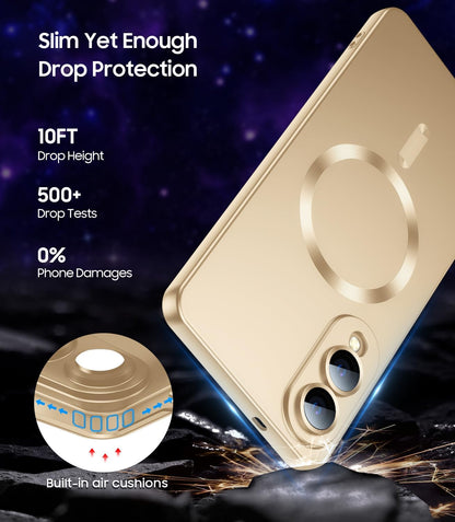 Magnetic for Samsung Galaxy S25 Edge Case [Compatible with MagSafe][Built-in Camera Lens Protector] Slim Soft Silicone Bumper Shockproof Metallic Luster Phone Case (Gold)