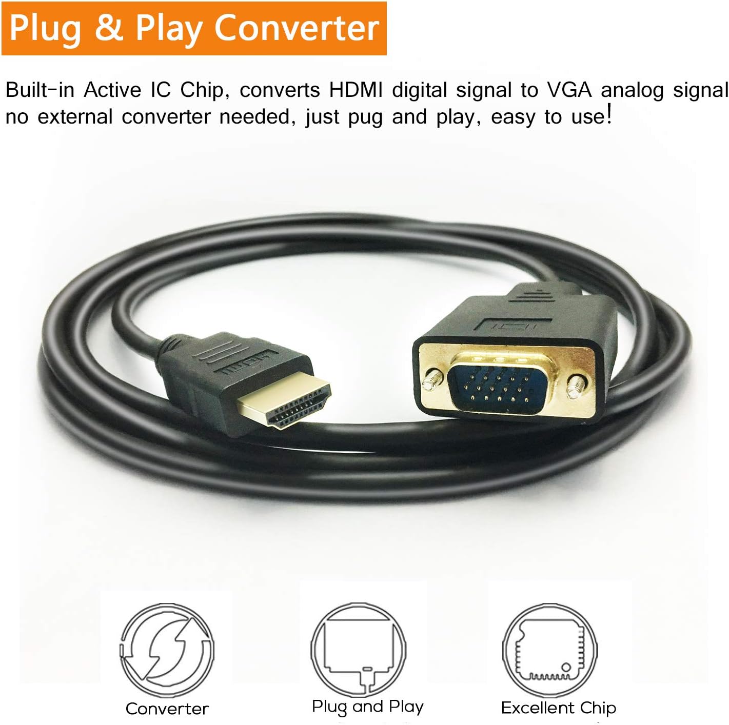 HDMI to VGA Cable, 1080P HDMI Male to VGA Male M/M Video Converter Cord vga Adapter Compatible with hdmi Desktop, Laptop, DVD to 15 Pin D-SUB HDTV Monitor Projector (2Pack)