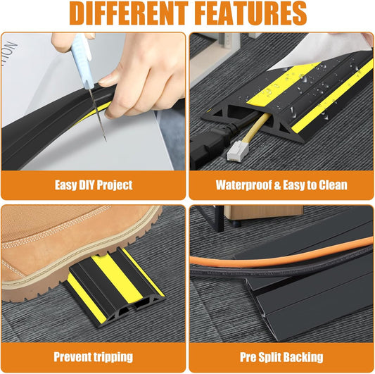 10 ft Cord Covers for Wires on Floor, Heavy Duty PVC Duct Floor Cord Cover, Floor Cable Cover Easy to Unroll Prevent Trip Hazard for Home Office or Outdoor Settings (2pcs)