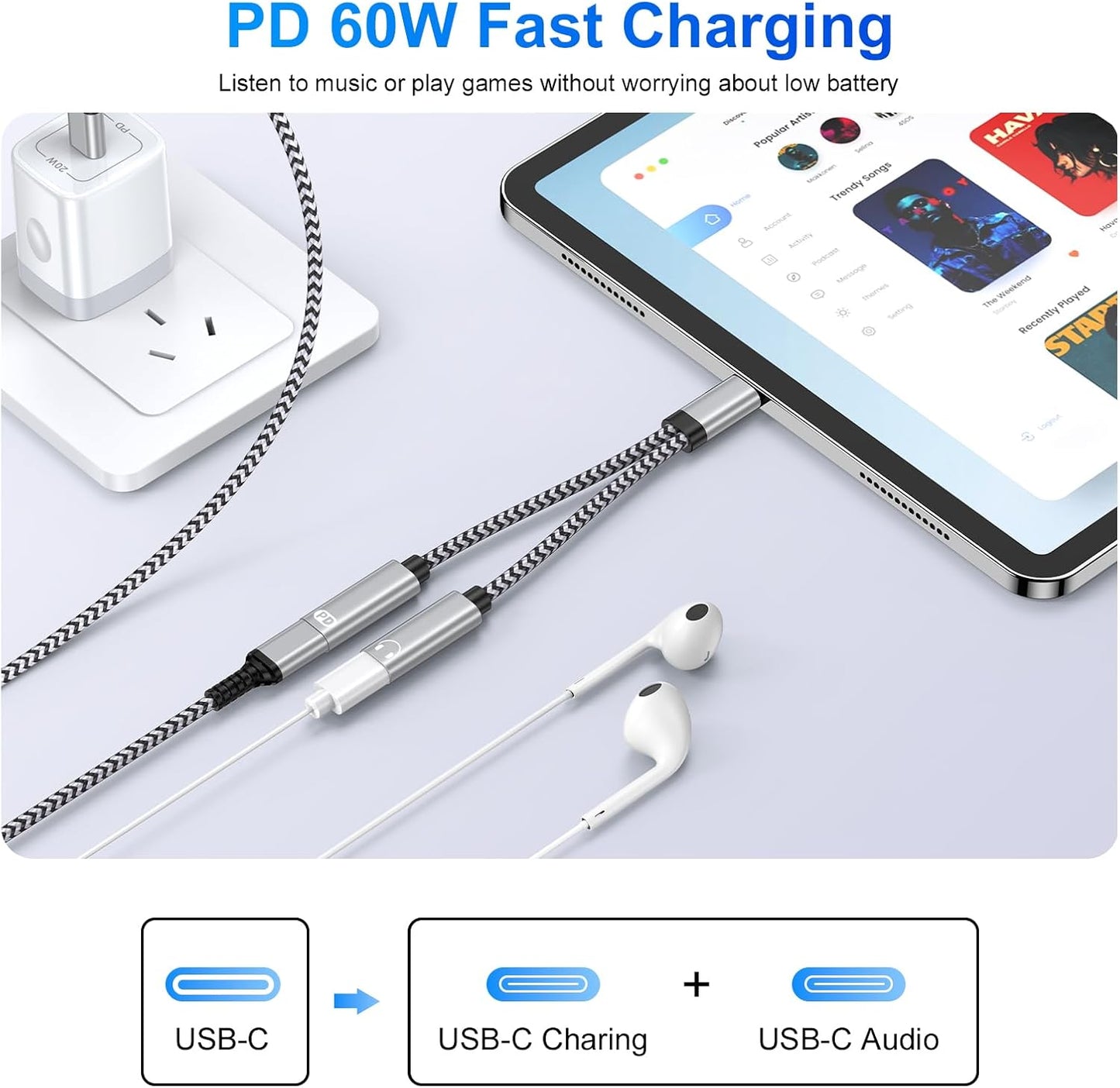 USB C Splitter,Dual USB C Headphone and Charger Adapter for Samsung Galaxy S25 Edge S24 S23 S22 S21 A17 A16 A15 2in1 Type C to Audio Jack Adapter with PD Fast Charging for iPhone 17 16 15 Pro Max 16e