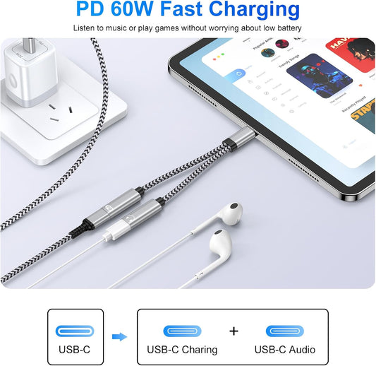 USB C Splitter,Dual USB C Headphone and Charger Adapter for Samsung Galaxy S25 Edge S24 S23 S22 S21 A17 A16 A15 2in1 Type C to Audio Jack Adapter with PD Fast Charging for iPhone 17 16 15 Pro Max 16e