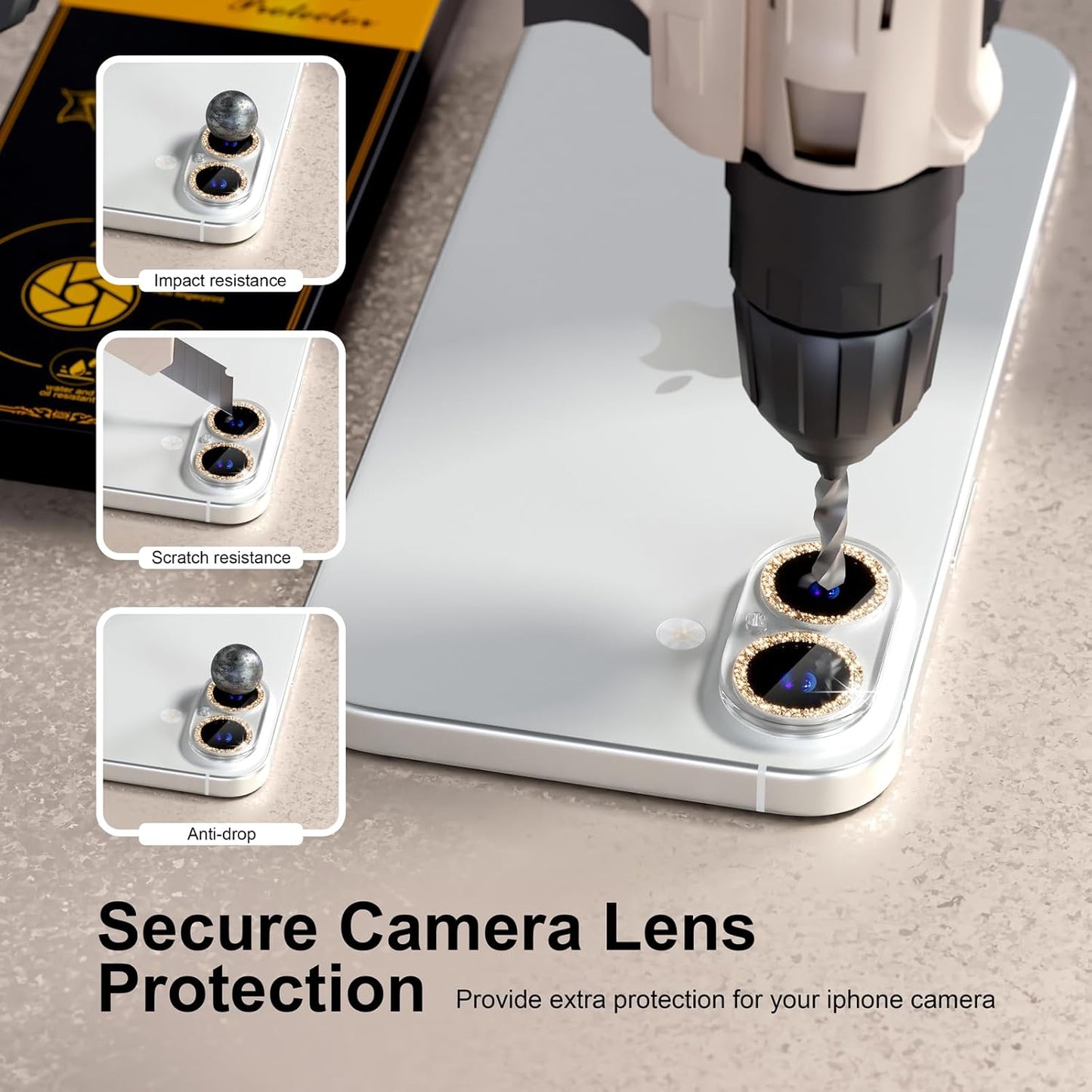 beuxece for 6 Pack iPhone 16 / iPhone 16 Plus Camera Lens Protector [Drop Protection] [Case Friendly] [Easy Installation] 9H Tempered Glass Camera Screen Protector Cover Accessories, Glitter Gold