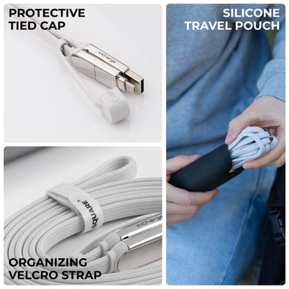 Rolling Square inCharge XL 6-in-1 Multi Charging Cable, Portable USB and USB-C Cable with 100W Ultra-Fast Charging Power, 10 Ft/3m, Glacier White