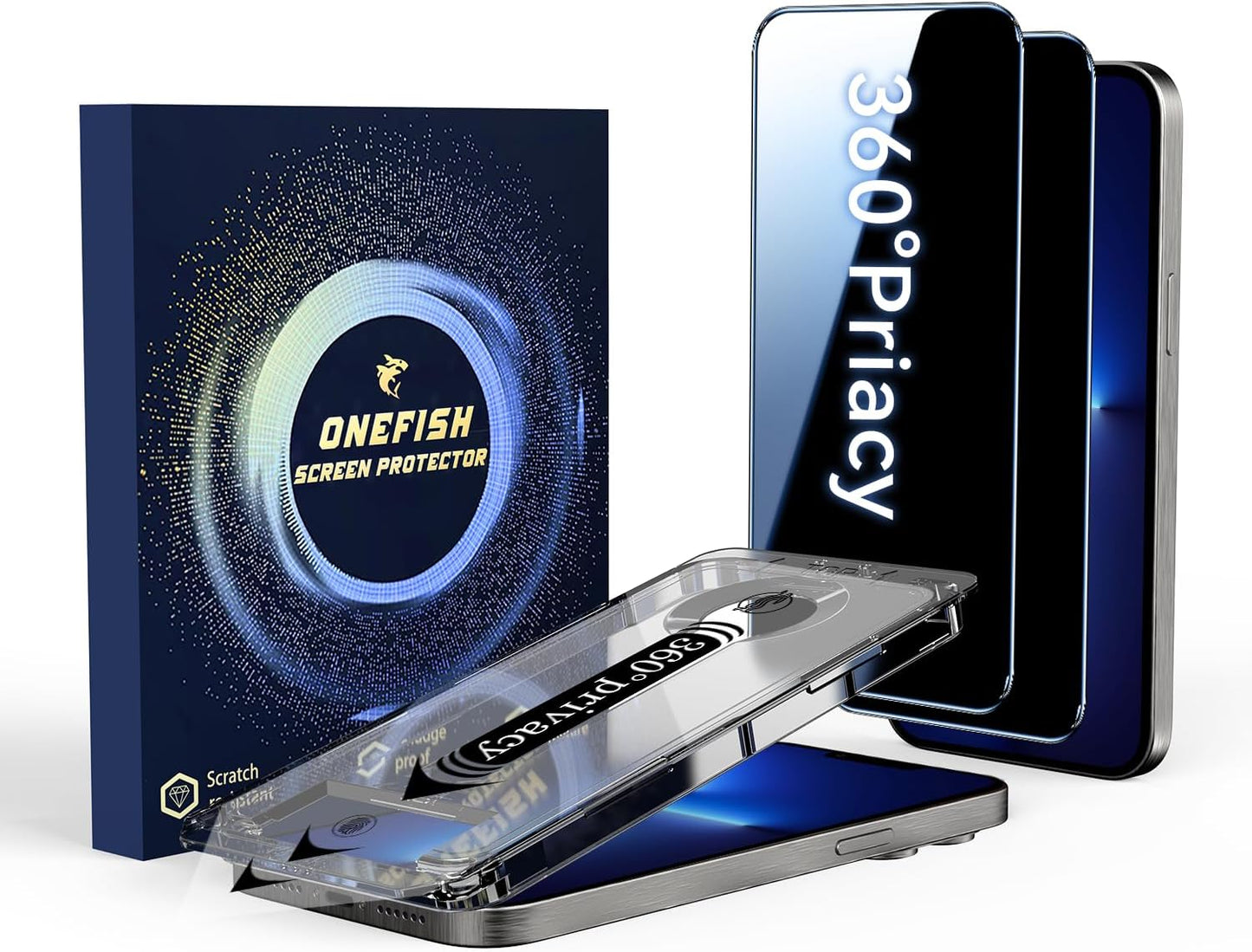 OneFish for iPhone 16e/13/13 Pro/14 Privacy Screen Protector, 4-Way 360° Anti-Spy Tempered Glass, 9H Hardness, HD Clear Anti-Fingerprint 3D Curved Edges, Case-Friendly & Easy Installation [2 Pack]