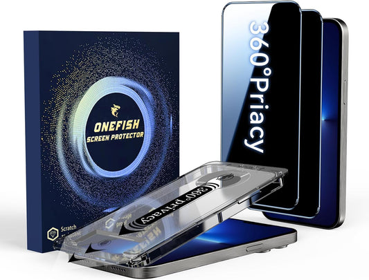 OneFish for iPhone 16e/13/13 Pro/14 Privacy Screen Protector, 4-Way 360° Anti-Spy Tempered Glass, 9H Hardness, HD Clear Anti-Fingerprint 3D Curved Edges, Case-Friendly & Easy Installation [2 Pack]