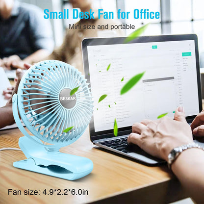 BESKAR Clip on Fan, Portable Small Desk Fans with Strong Airflow, 3 Speeds with Personal Fans Sturdy Clamp, Quiet Desk Fan & Clip Fan with USB Cord Powered - No Battery