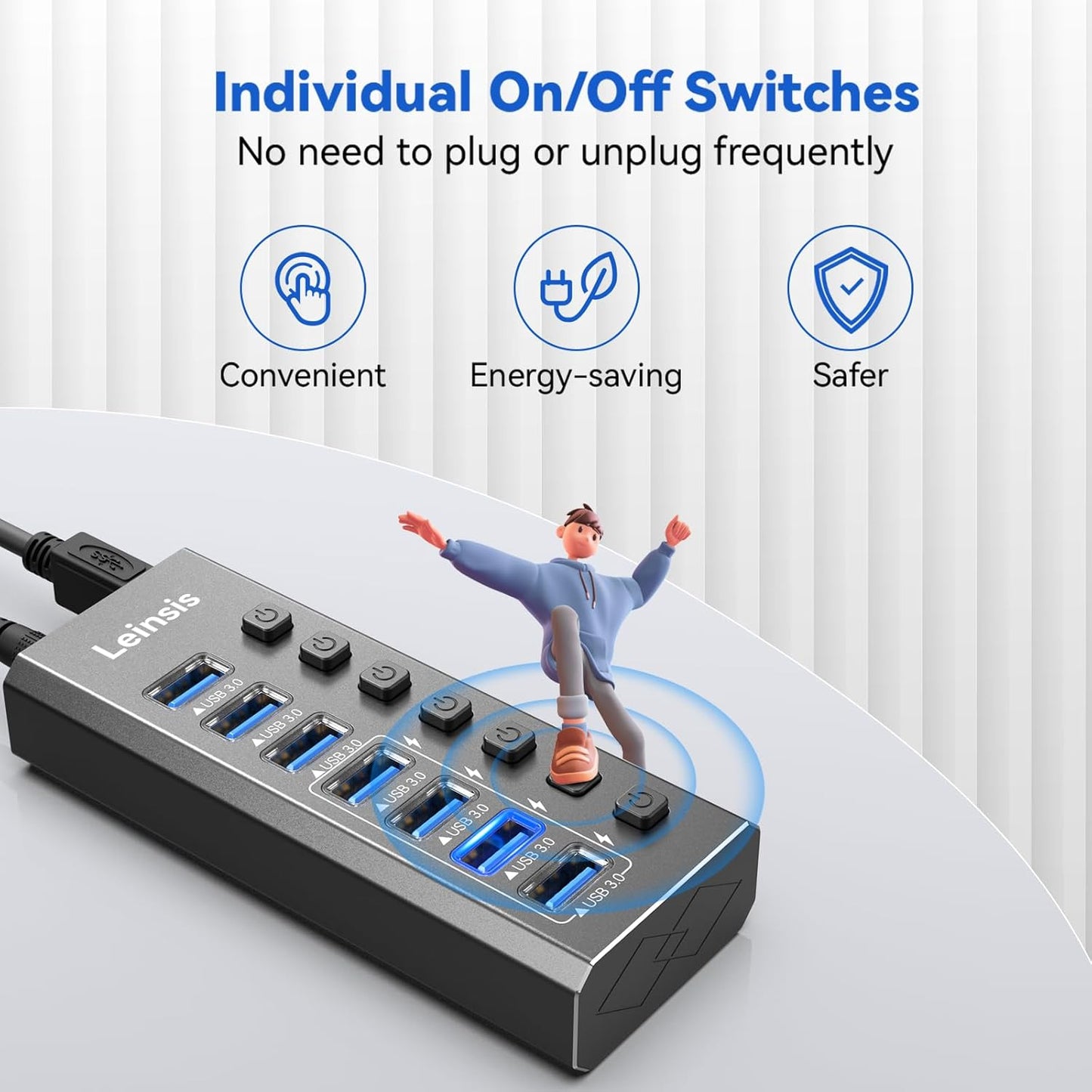 Powered USB Hub 3.0, Leinsis 7-Port USB 3.0 Hub [Durable Aluminum] 7 Data Transfer Ports+ 4 Smart Charging Ports with Individual On/Off Switches, USB Hub 3.0 Powered with Power Adapter for Laptop PC