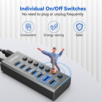 Powered USB Hub 3.0, Leinsis 7-Port USB 3.0 Hub [Durable Aluminum] 7 Data Transfer Ports+ 4 Smart Charging Ports with Individual On/Off Switches, USB Hub 3.0 Powered with Power Adapter for Laptop PC