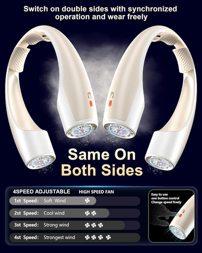 AI Neck Fan, 4 Speeds Adjustable Portable Personal Fan Rechargeable, 4000 mAh Battery Faster Cooling Wearable Fan, Ultra Quiet for Home, Office, Travel, Outdoor - Champagne