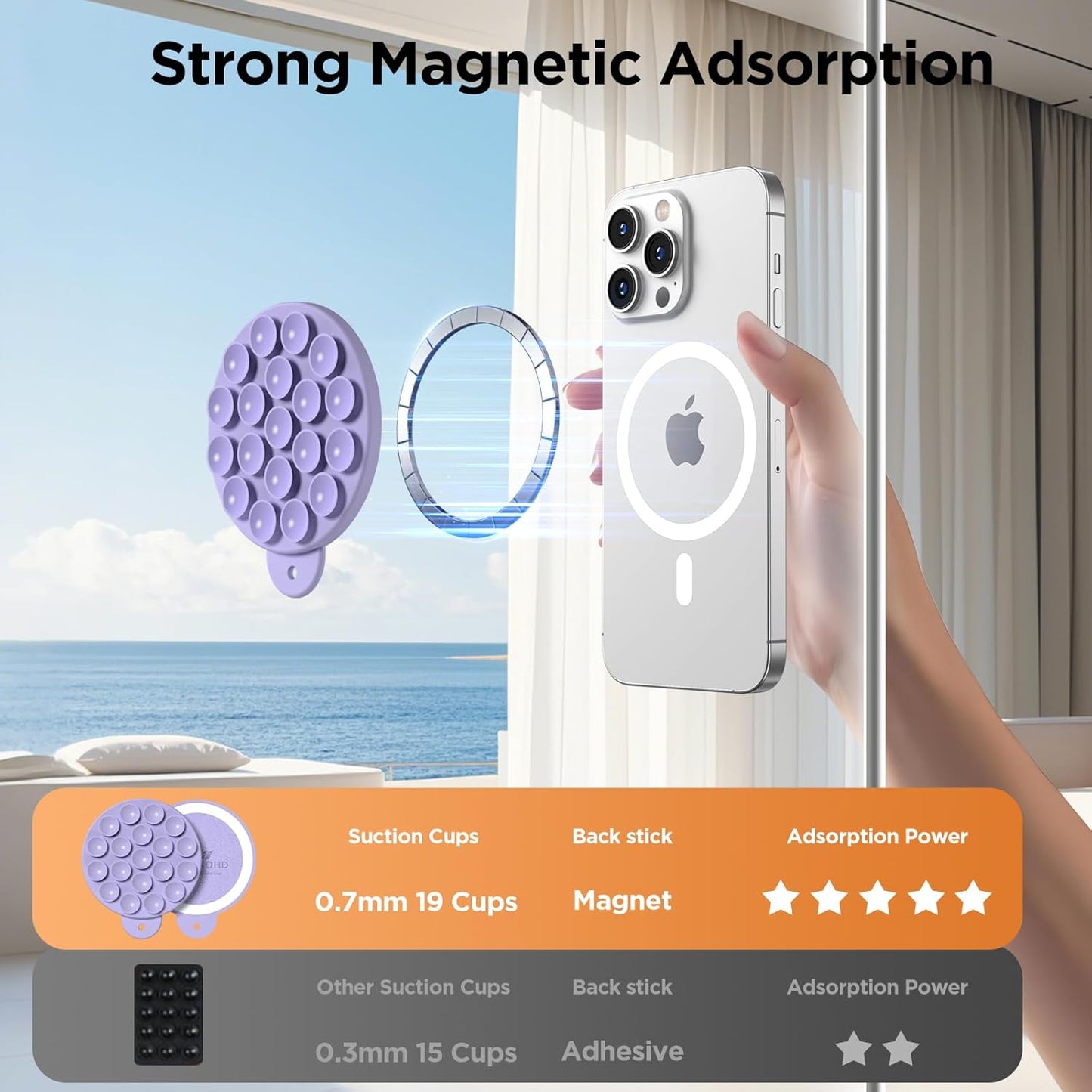 Magnetic Suction Cup Phone Mount for MagSafe Case, Silicone Hands-Free Grip Holder for iPhone and Android, Mirror Shower Phone Stand for Makeup FaceTime Gym Kitchen Bathroom, Lilac Purple