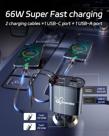 DreamBee Retractable Car Charger,66W Super Fast USB Car Phone Charger,Dual TypeC Retractable Cables Gifts for Men Women Car Truck Accessories for Samsung Galaxy S23+/S23/ S22 iPhone 15/14,iPad