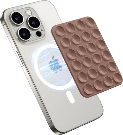 GONEZ Magnetic Suction Cup Phone Mount for MagSafe Case, Removable Silicone Sticky Grip for iPhone 12/13/14/15/16, Hands-Free Selfies and Videos for TikTok & Instagram Influencer/Creator, Brown