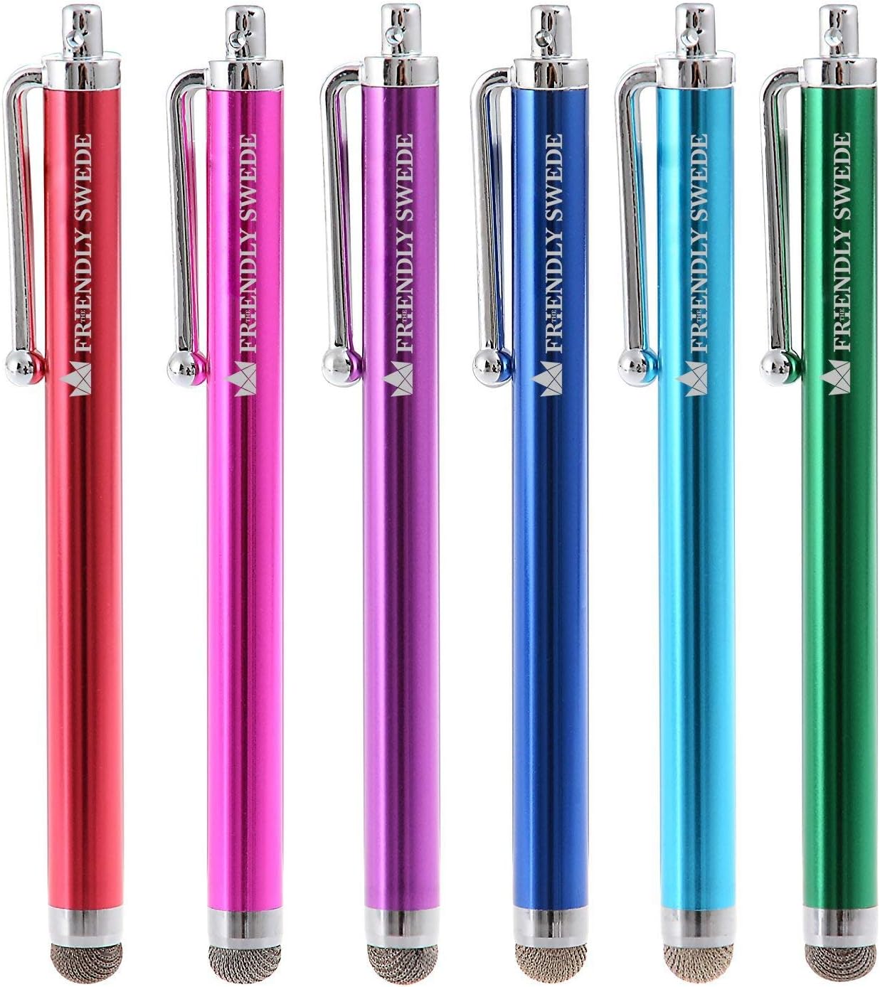 The Friendly Swede Micro-Knit Stylus Pen for Touchscreen — 6-Pack Hybrid Fiber Tip Universal Capacitive Stylus Pen for iPad; Lanyards & Cleaning Cloth - Hot Pink/Aqua Blue/Green/Dark Blue/Red/Purple